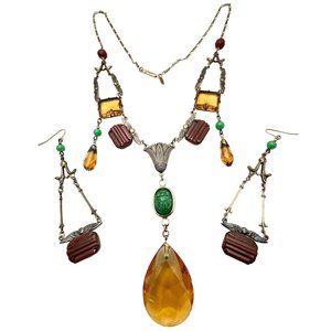 Vintage Sadie Green Art Deco Revival Amber Glass Scarab Necklace Earrings Set